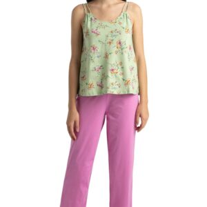 Women Lounge Round Neck Lounge Cami Top and Pants Set - 100% Cotton - Shoulder Straps, Elasticized Waistband